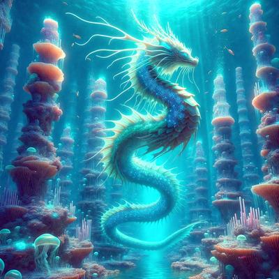 The primary subject of the image is a large, colorful sea serpent or dragon-like creature, which is the main focus of the scene. The setting is underwater, with the serpent swimming among various sea creatures, including fish and other aquatic animals. The visual style of the image is digital art, as it appears to be a computer-generated or digitally rendered scene. The dominant colors in the image are blue and green, creating a vibrant and lively atmosphere.